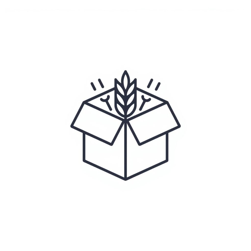 minimalist outline vector icon of a food packaging box with a wheat element, single color line icon, thin consistent stroke, centered, no gradients, no shadows, no realism, no text, transparent back